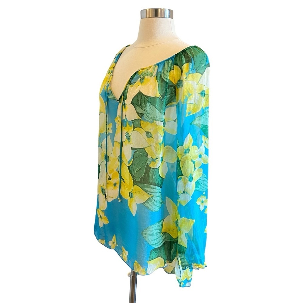 Silk Floral Hawaiian Printed Sheer Long Sleeeve Lightweight Blouse Tie Front - Picture 3 of 13